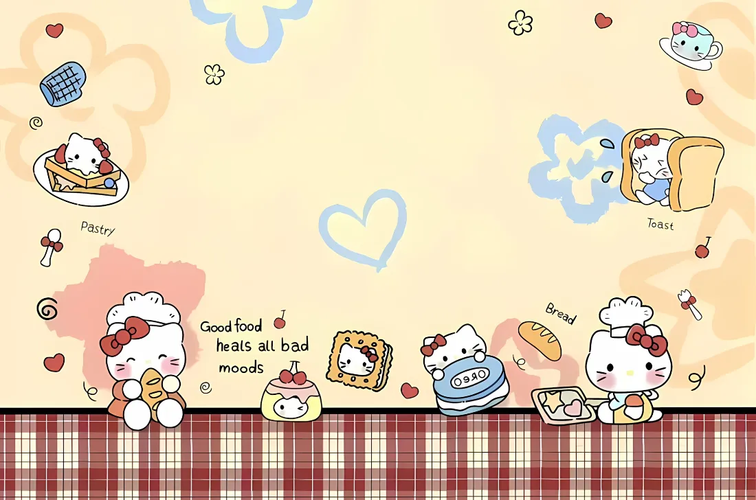 2k凯蒂猫美食壁纸｜格子桌布可爱背景 - Hello Kitty「哲风壁纸」