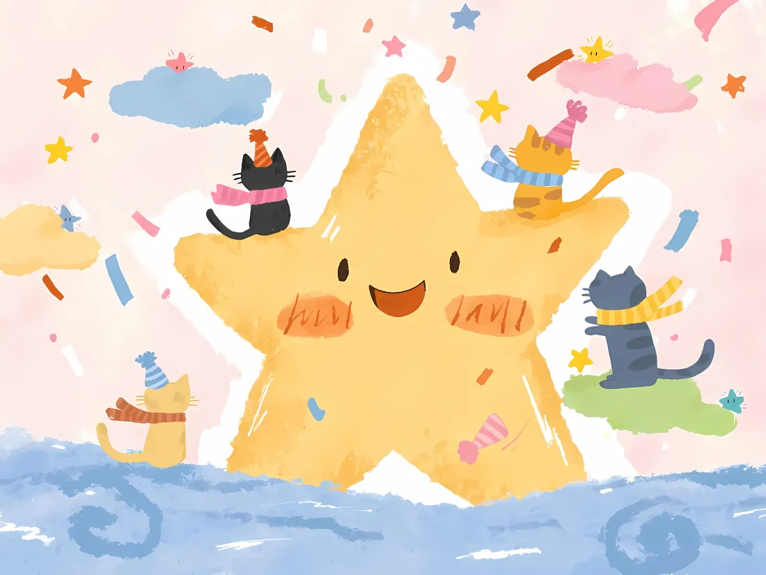2k卡通小猫星星壁纸｜可爱背景 - 彩带云朵「哲风壁纸」