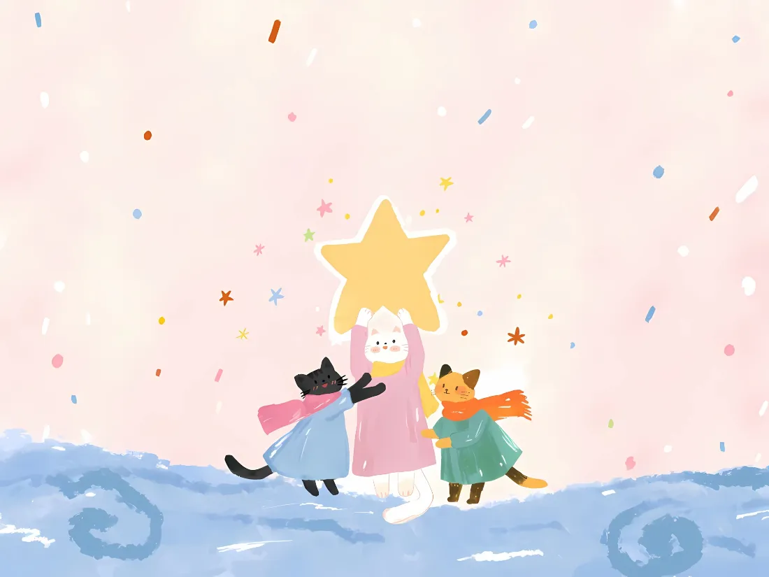 2k卡通小猫壁纸｜粉色背景 - 可爱星星雪地「哲风壁纸」