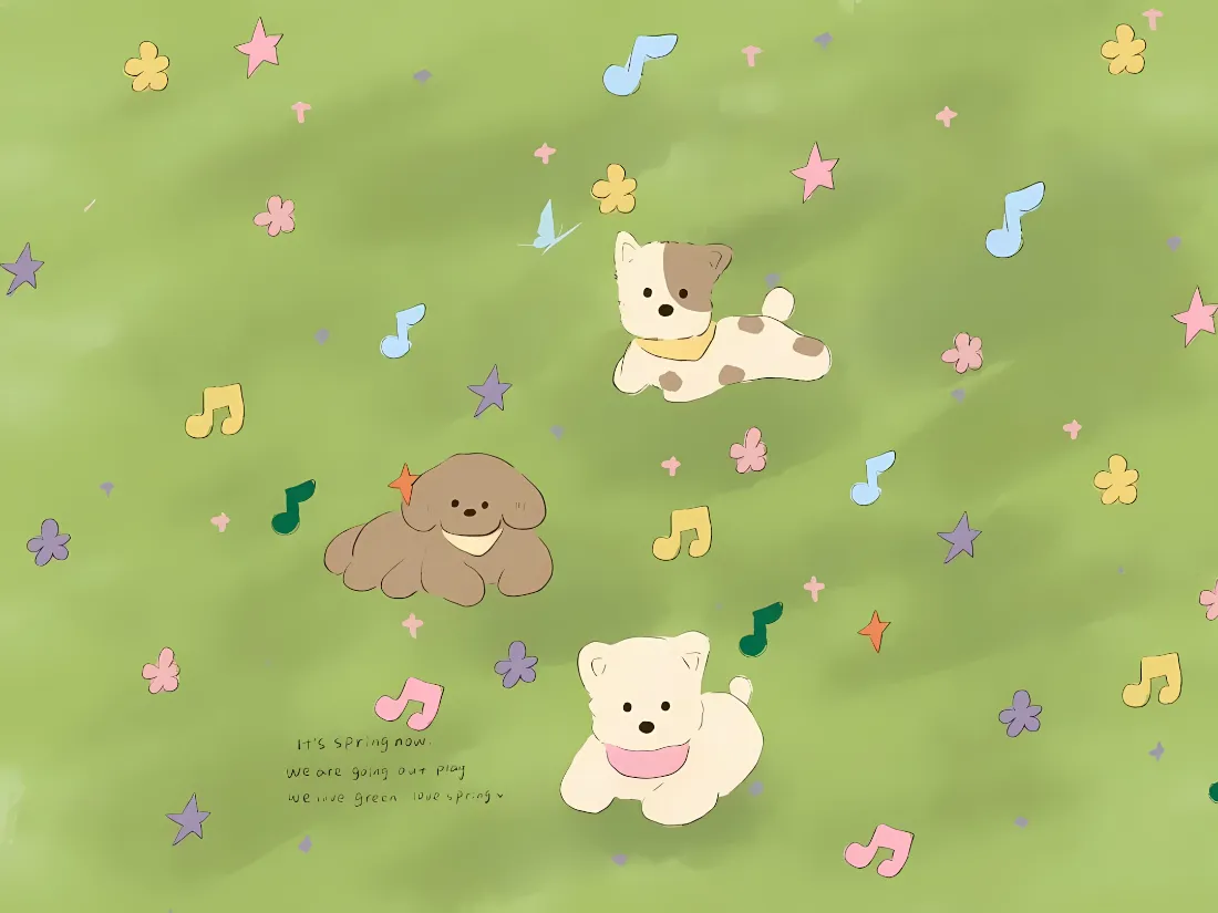 2k卡通小狗壁纸｜绿草地 - 音符小花「哲风壁纸」