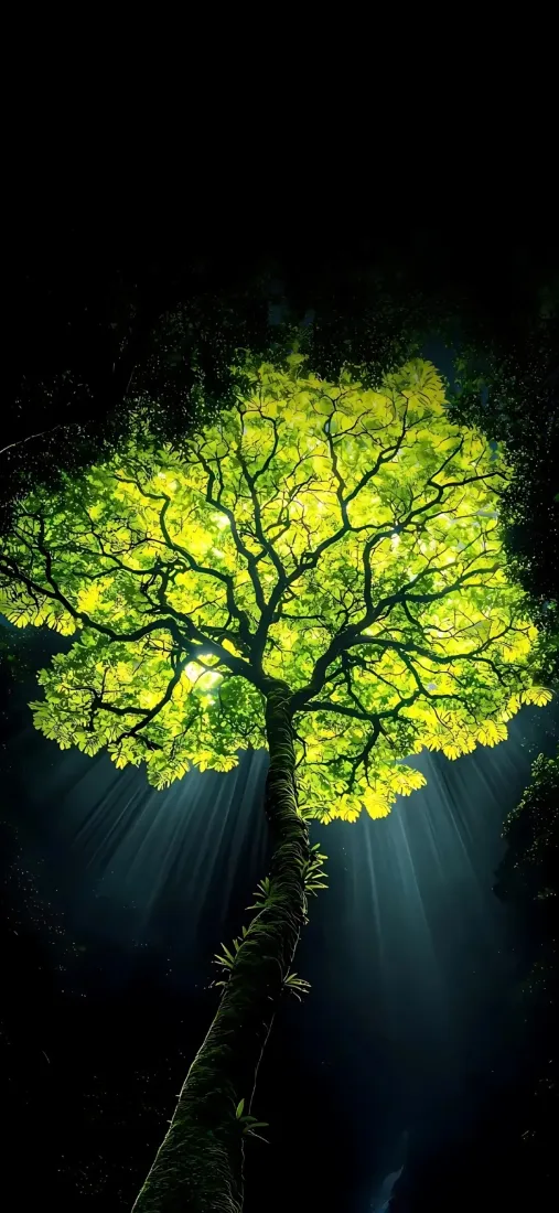 树光影绿色手机壁纸｜黑暗光束 - 自然风景「哲风壁纸」