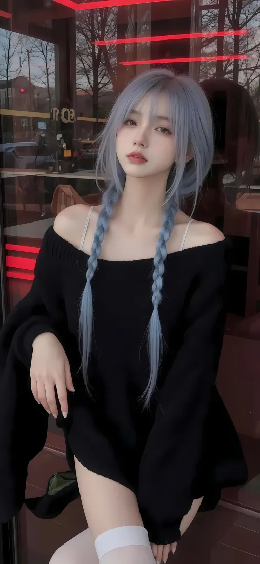 蓝发美女手机壁纸｜咖啡店 - 黑色上衣「哲风壁纸」