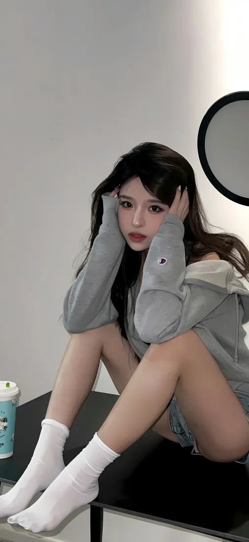 美女手机壁纸｜室内背景图片 - 灰色卫衣白袜「哲风壁纸」