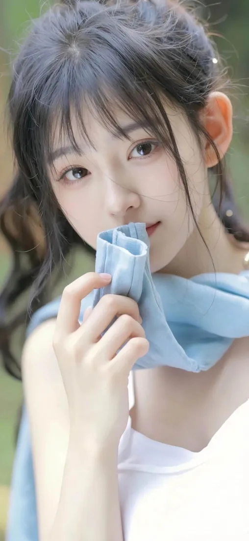 美女蓝衣手机壁纸｜清新户外背景图片 - 白衣美女「哲风壁纸」