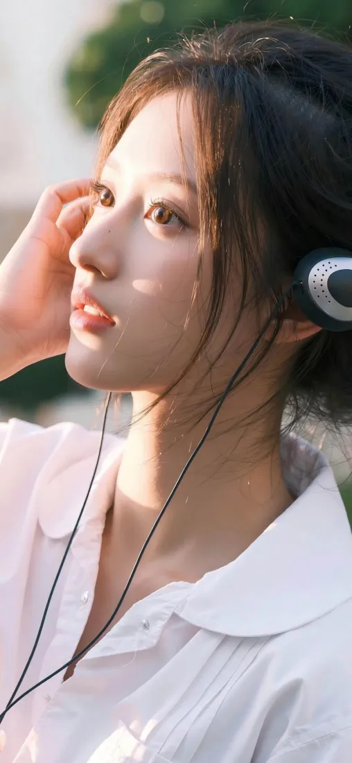 白衣女生耳机手机壁纸｜户外清新背景图片 - 美女「哲风壁纸」