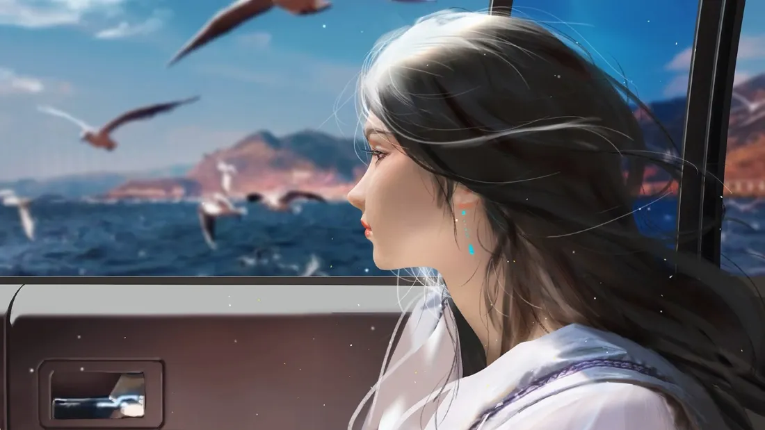 2k动漫女子车内海边壁纸｜海鸥海景 - 蓝天山「哲风壁纸」