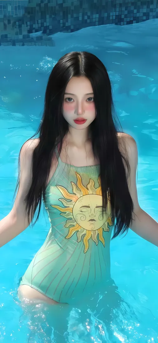 长发美女泳池手机壁纸｜蓝色池水 - 太阳泳衣「哲风壁纸」