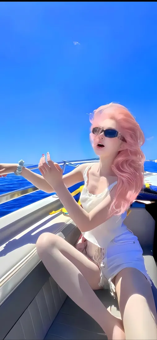 粉色头发美女游艇手机壁纸｜蓝天海边 - 墨镜「哲风壁纸」