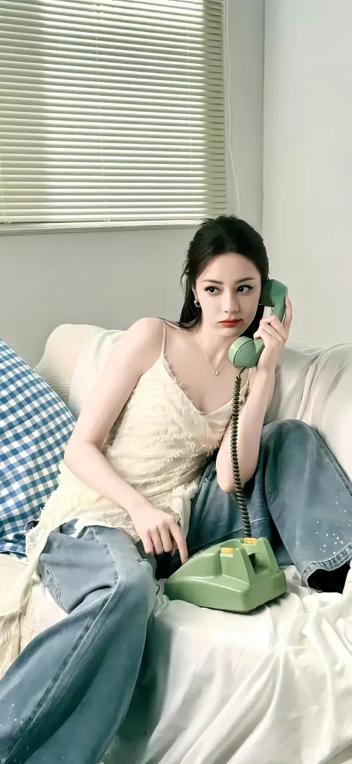 迪丽热巴手机壁纸｜复古电话沙发背景 - 艺术照「哲风壁纸」