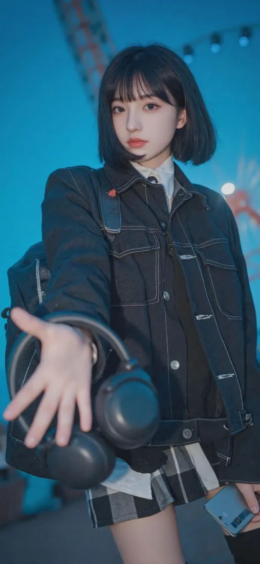 短发美女手机壁纸｜蓝色背景 - 黑色外套「哲风壁纸」