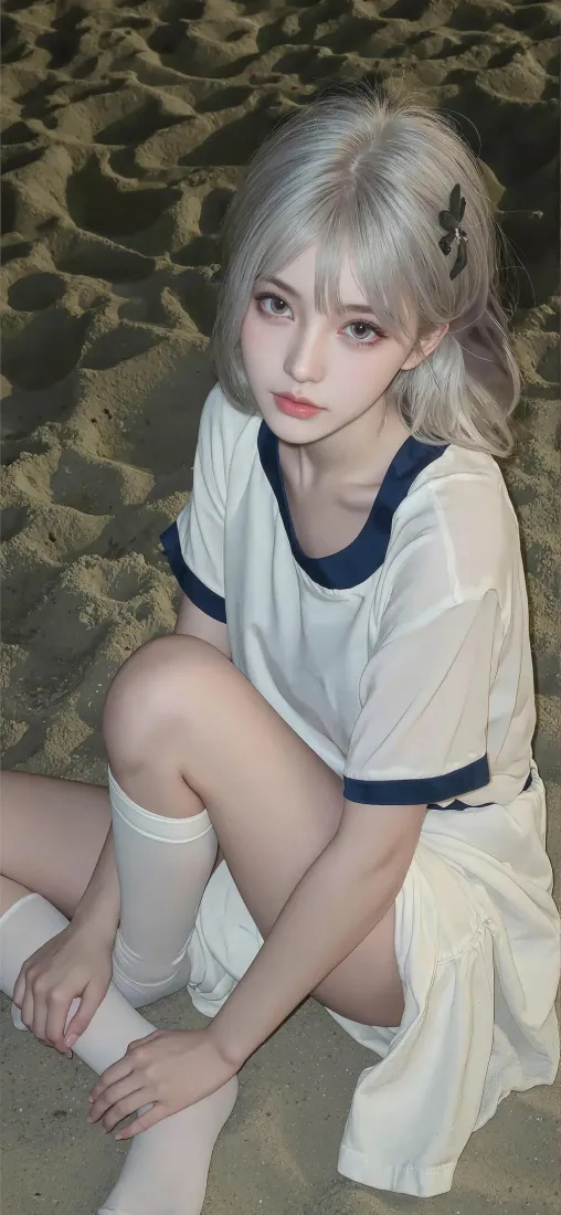 银发美女沙滩手机壁纸｜白衣蓝边背景 - 白袜「哲风壁纸」