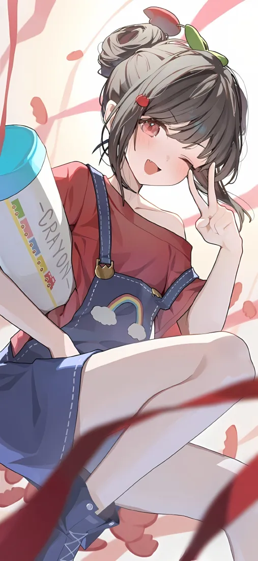 元气二次元少女手机壁纸｜飘带背景 - 红上衣背带裙「哲风壁纸」