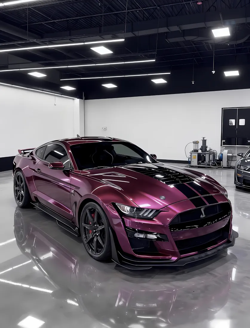 紫色福特野马跑车手机壁纸｜车库 - 镜面地面「哲风壁纸」