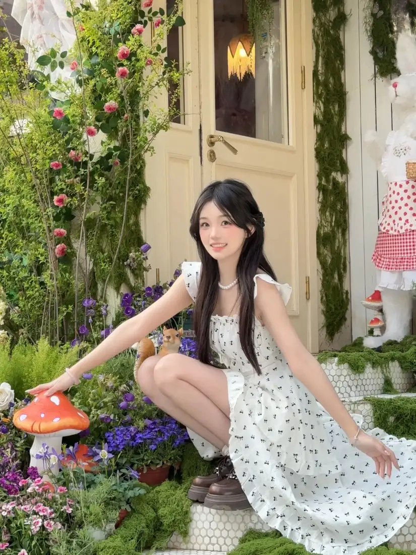 李佳诺手机壁纸｜童话花丛背景 - 白色波点裙「哲风壁纸」