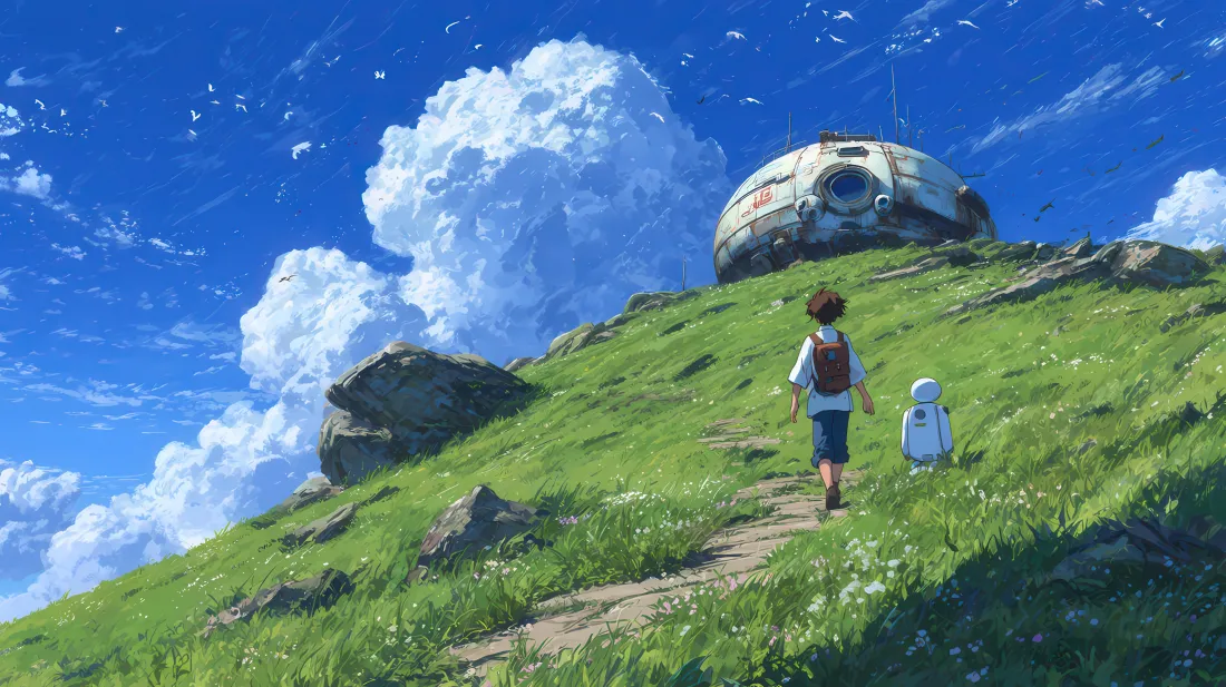 4k动漫草地壁纸｜蓝天白云背景 - 孩子与机器「哲风壁纸」