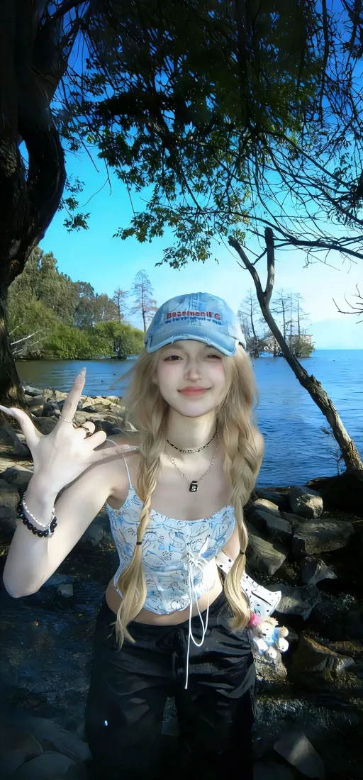 蓝帽美女手机壁纸｜湖边背景图片 - 夏天湖水「哲风壁纸」