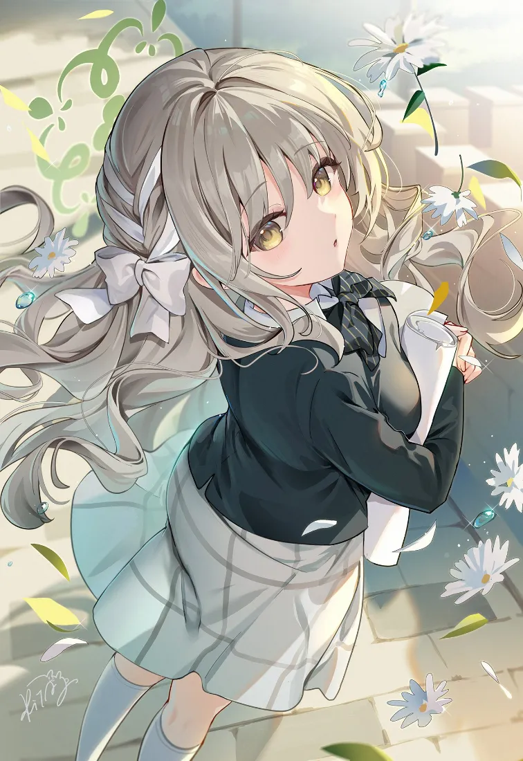 二次元jk少女手机壁纸｜雏菊背景 - 蝴蝶结浅发「哲风壁纸」