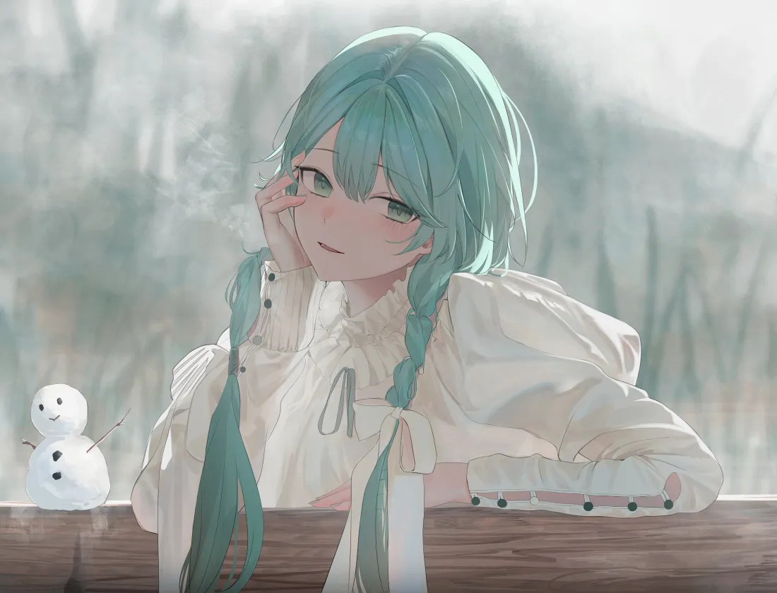 6k绿发少女壁纸｜雪人背景 - 二次元「哲风壁纸」