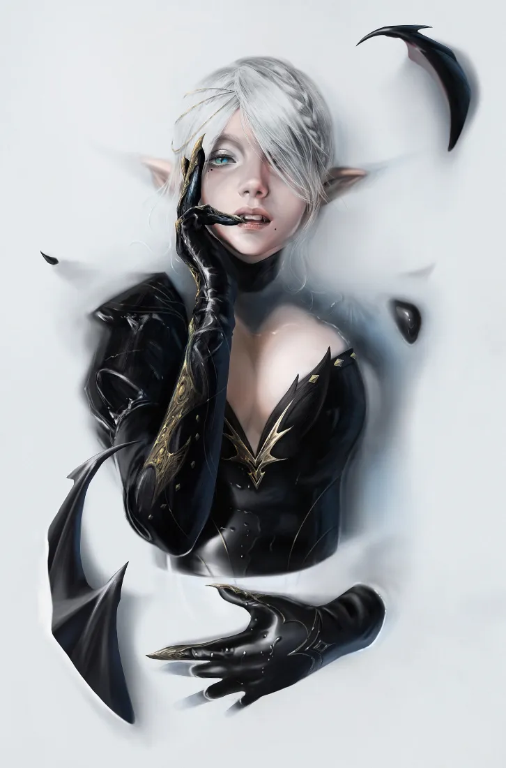 银发精灵性感黑白手机壁纸｜艺术插画 - 黑衣「哲风壁纸」