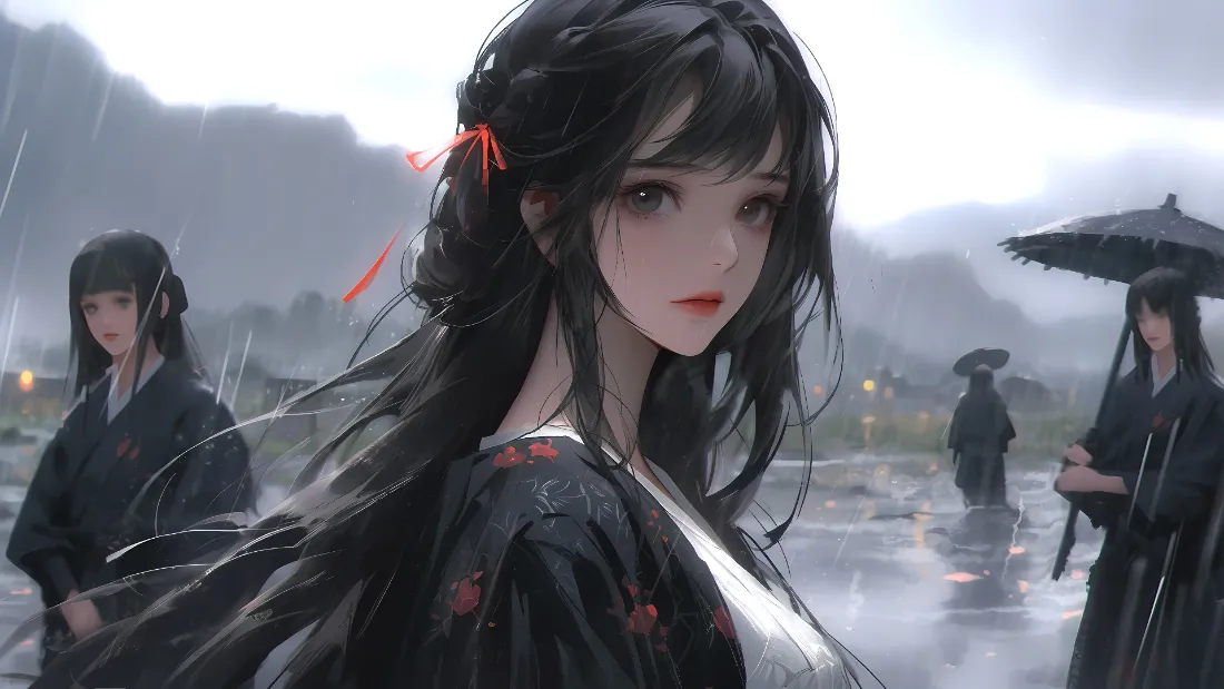 2k古风少女壁纸｜雨中背景图片 - 黑发红饰「哲风壁纸」