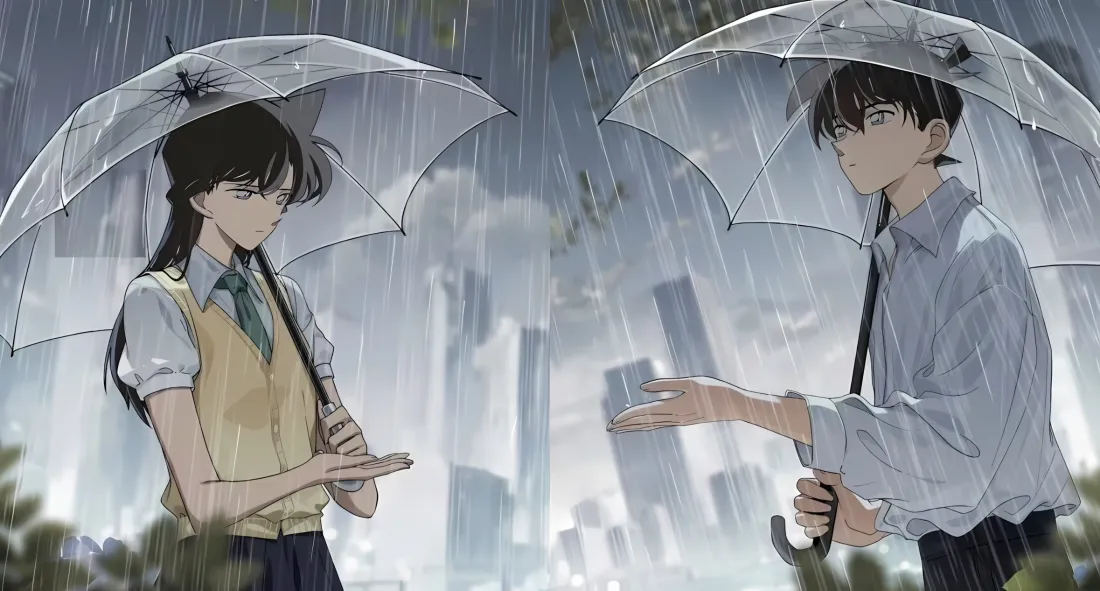 2k毛利兰工藤新一壁纸｜城市雨景 - 雨伞「哲风壁纸」