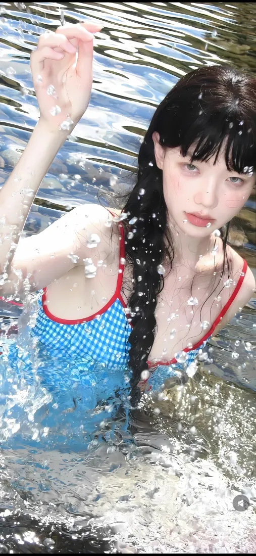 蓝红泳衣美女手机壁纸｜湖水背景图 - 水珠水花「哲风壁纸」