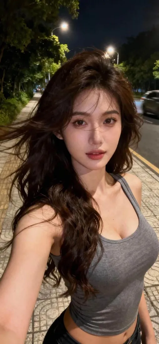 美女手机壁纸｜夜晚街头背景图片 - 灰色背心「哲风壁纸」