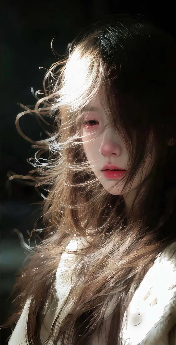 长发美女手机壁纸｜艺术背景 - 红唇白衣「哲风壁纸」