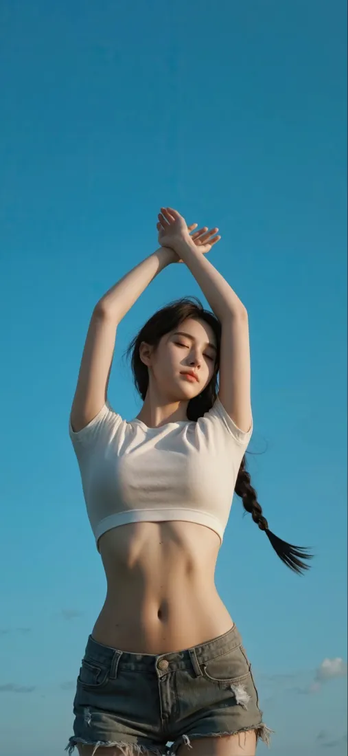 白衣美女手机壁纸｜蓝天背景 - 牛仔短裤马甲线「哲风壁纸」