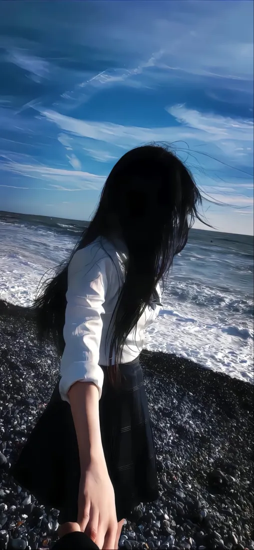 海边女孩手机壁纸｜黑沙滩背景图片 - 氛围感美女背影「哲风壁纸」