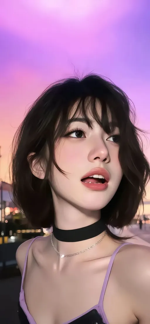 短发美女手机壁纸｜粉紫背景图片 - 氛围choker「哲风壁纸」