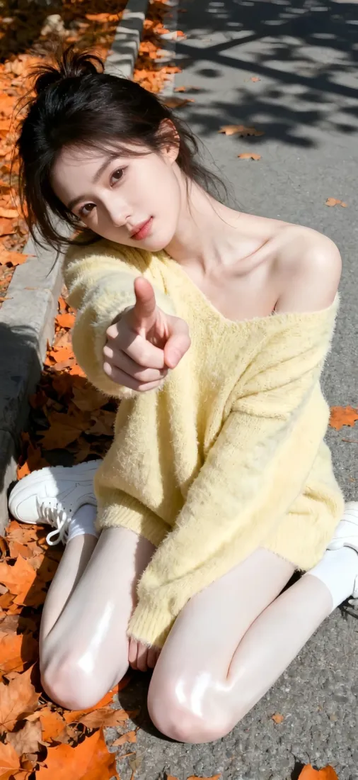 黄色毛衣美女手机壁纸｜户外落叶背景 - 清新坐姿「哲风壁纸」