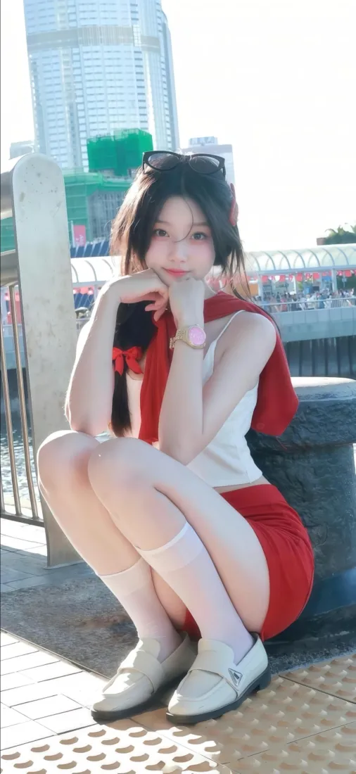 红衣美女手机壁纸｜城市背景 - 白袜穿搭「哲风壁纸」