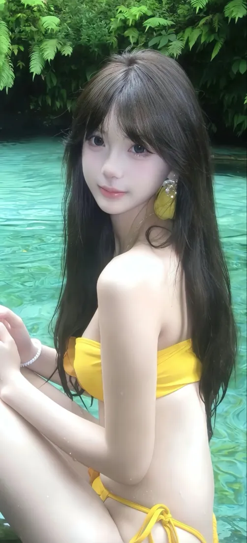 黄比基尼美女手机壁纸｜泳池绿植背景 - 清新氛围感「哲风壁纸」