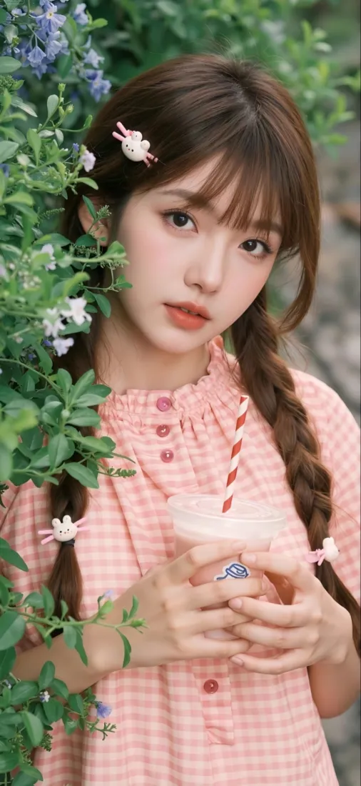 粉色格子裙美女手机壁纸｜绿植背景图片 - 清新氛围感「哲风壁纸」