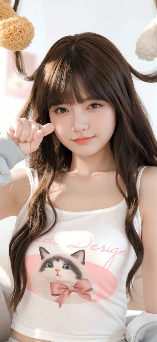 白衣美女手机壁纸｜清新背景 - 猫咪图案「哲风壁纸」