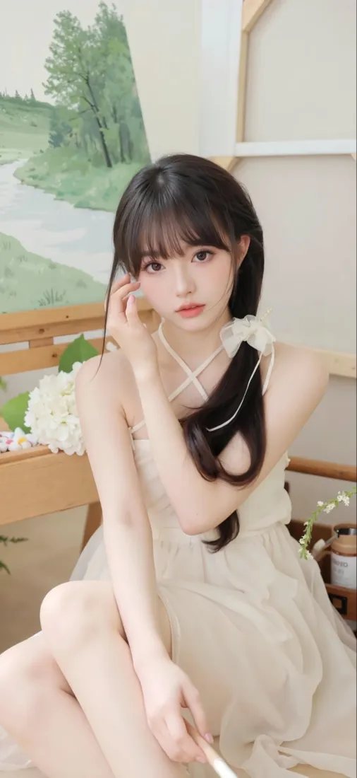 美女手机壁纸｜室内背景 - 米白连衣裙清新「哲风壁纸」