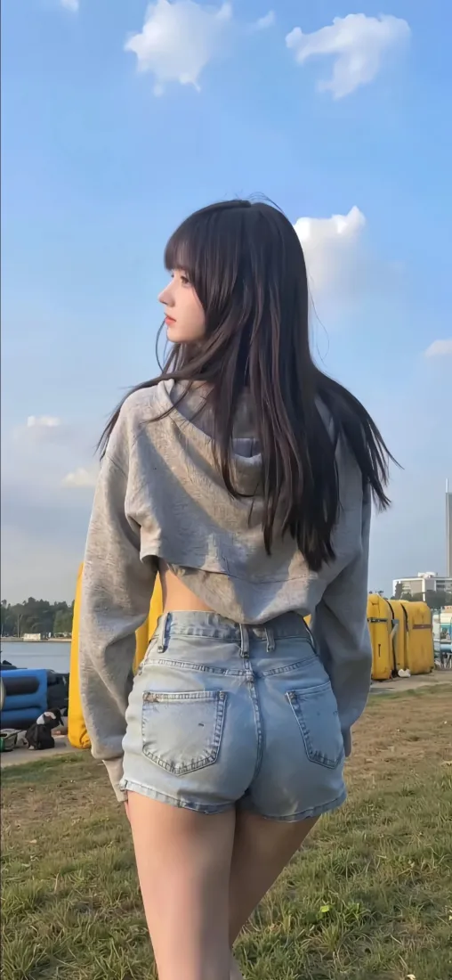 长发美女手机壁纸｜户外草地 - 牛仔短裤「哲风壁纸」