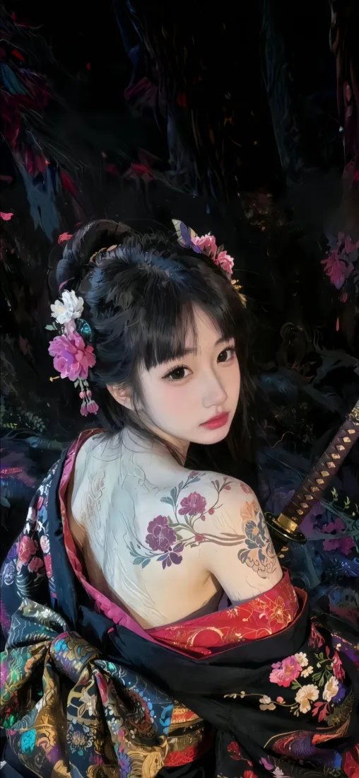 和服美女手机壁纸｜古风纹身背景图片 - 花饰武士刀「哲风壁纸」