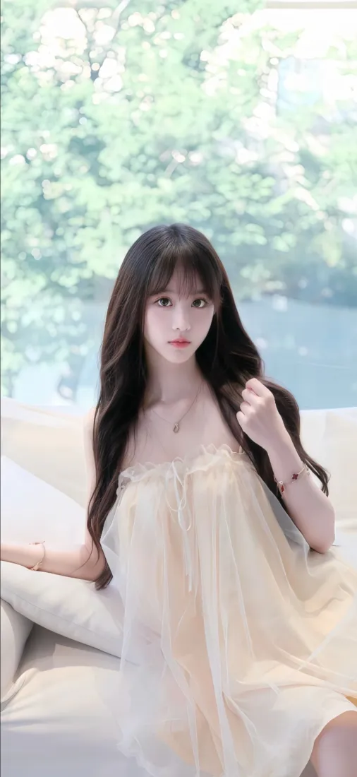 长发美女手机壁纸｜室内背景图 - 浅色连衣裙「哲风壁纸」