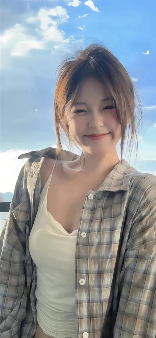 格子衬衫美女手机壁纸｜蓝天背景图片 - 清新氛围「哲风壁纸」