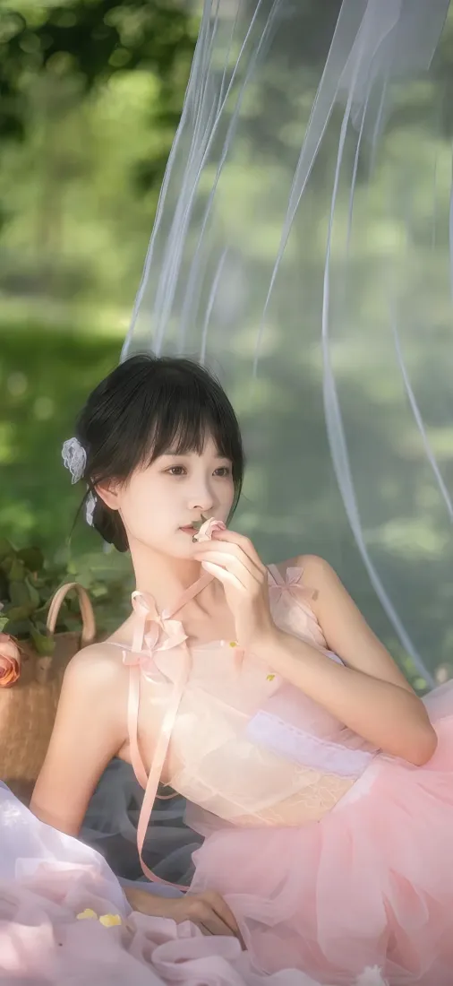 粉色纱裙美女手机壁纸｜清新草地背景 - 氛围感高清「哲风壁纸」