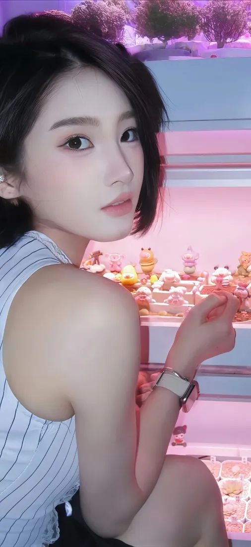 短发美女手机壁纸｜粉色背景图片 - 条纹上衣「哲风壁纸」