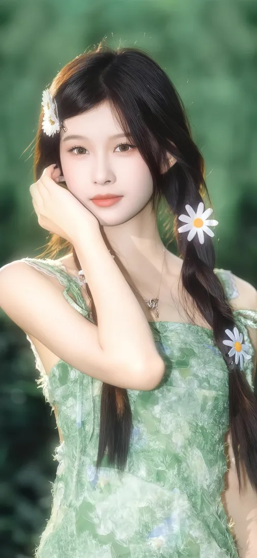 绿裙美女手机壁纸｜清新绿景 - 雏菊发饰森系「哲风壁纸」