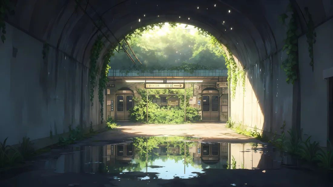 4k废弃车站隧道壁纸｜积水背景 - 植物废墟「哲风壁纸」