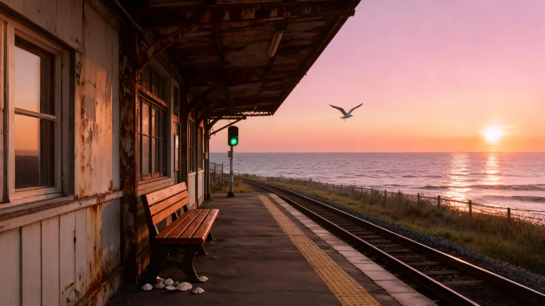 4k海边车站轨道壁纸｜日落黄昏背景 - 海鸥长椅「哲风壁纸」