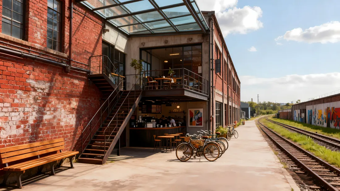 3k轨道咖啡馆自行车壁纸｜红砖建筑 - 铁轨「哲风壁纸」