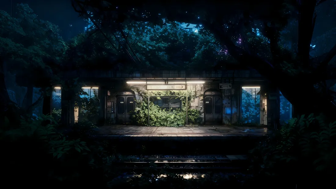 3k森林车站壁纸｜夜晚绿植背景 - 废弃轨道「哲风壁纸」