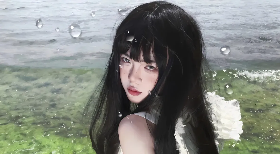 2k白衣美女壁纸｜草地水域背景图片 - 水滴清新「哲风壁纸」