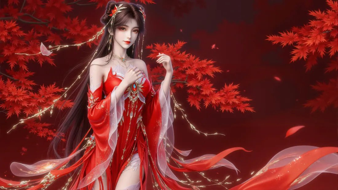 4k火灵儿壁纸｜红枫背景图片 - 完美世界「哲风壁纸」